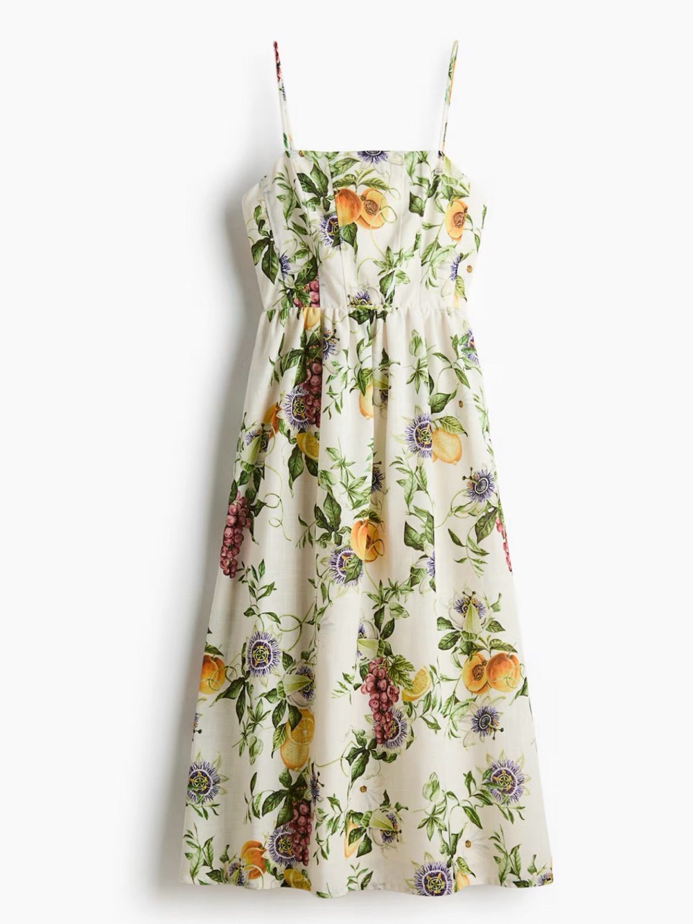 H&M Fruit Lemon Peach Grape Floral Midi Dress Yellow & Green Print NWT